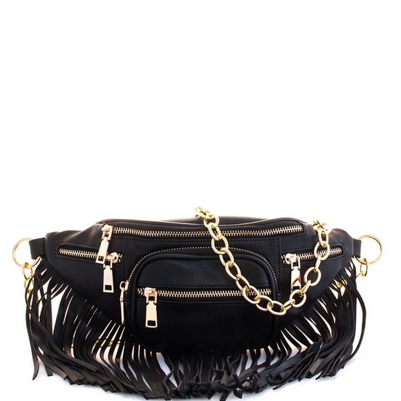 Handbags - BLACK DESIGNER CHIC FRINGE FANNY PACK W/GOLD CHAIN Handbags - BLACK DESIGNER CHIC FRINGE FANNY PACK W/GOLD CHAIN